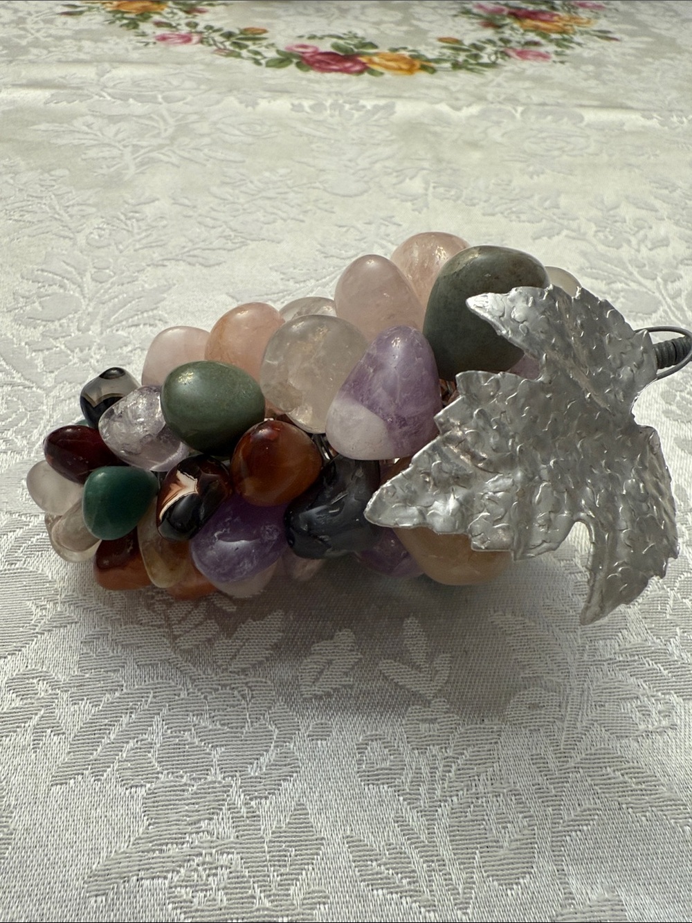 Multi-Gem Cluster Decorative Accent with Silver Leaf